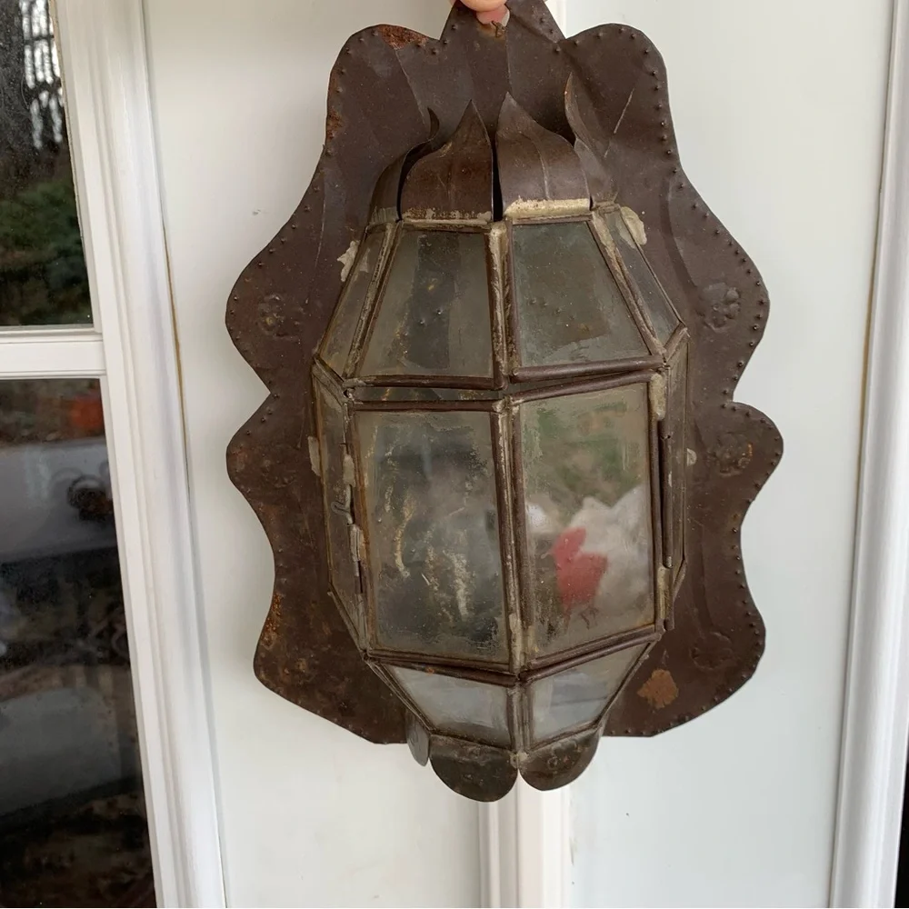 Vintage Tin Glass Rustic Wall Lantern Farmhouse